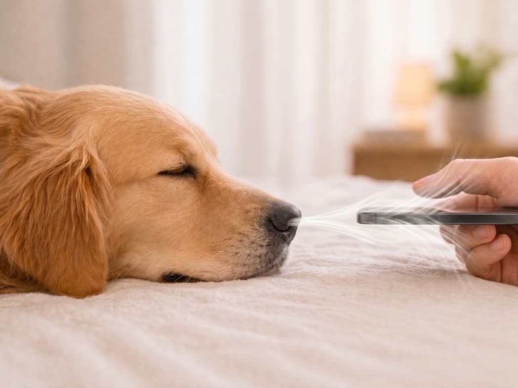 iPhone microphone placed close to a resting dog's nose for an AuraDog breathing measurement