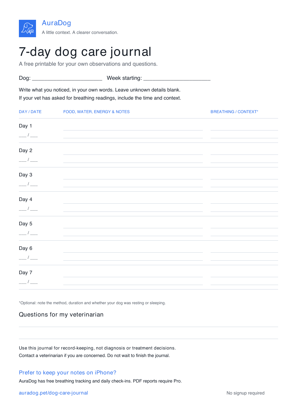 Preview of the one-page AuraDog journal with seven daily rows and space for veterinary questions