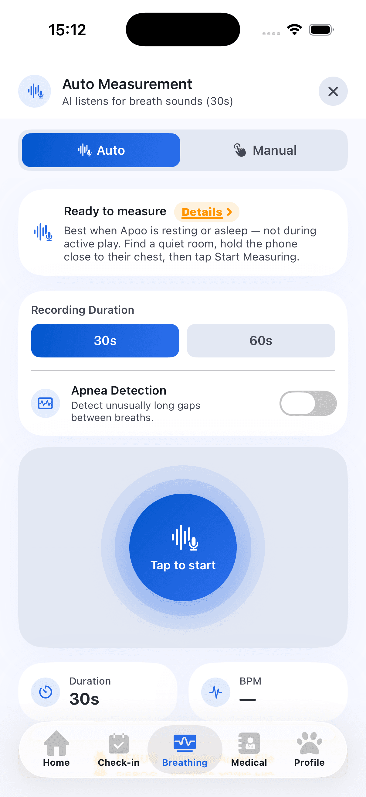 Audio breathing check screenshot in AuraDog