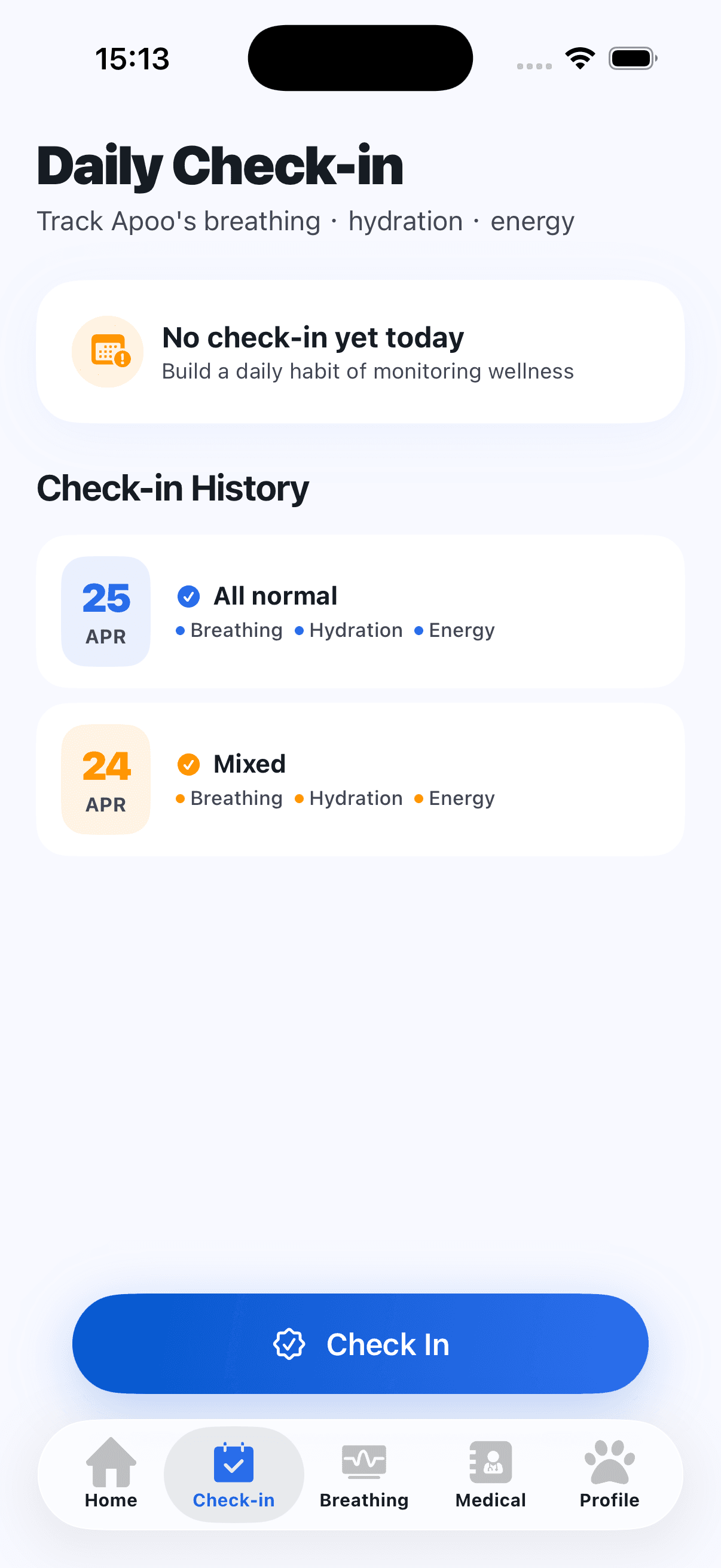 Daily check-in screenshot in AuraDog